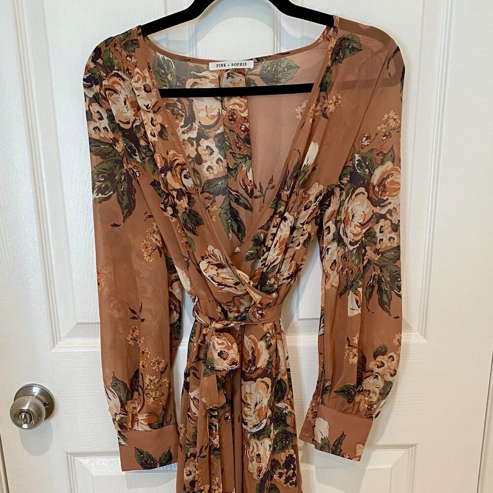 PINK + SOPHIE PINK/MAUVE FLORAL MAXI WRAP DRESS